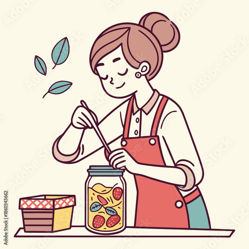 Woman preparing homemade strawberry jam in kitchen