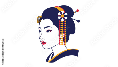 Elegant Geisha Portrait with Intricate Hair Ornaments and Traditional Makeup.