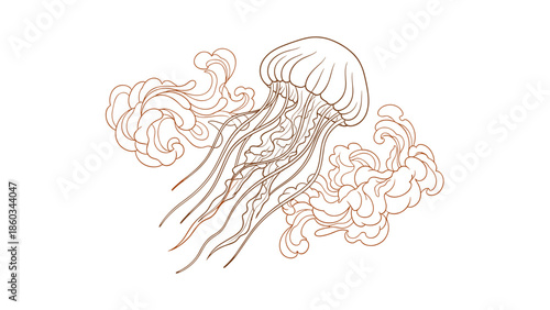 Elegant Jellyfish Illustration A Detailed Line Art Depiction of Marine Life.