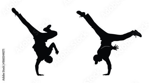 Two dynamic figures performing handstands a powerful acrobatic silhouette