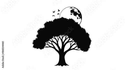 A dark tree stands against a bright moon and birds in flight silhouette