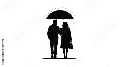 Couple walking together under an umbrella in a rainy day silhouette
