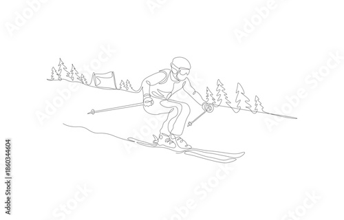 Ski Racer Continuous One Line Drawing – Hand Drawn Minimalist Winter Sports Vector Illustration