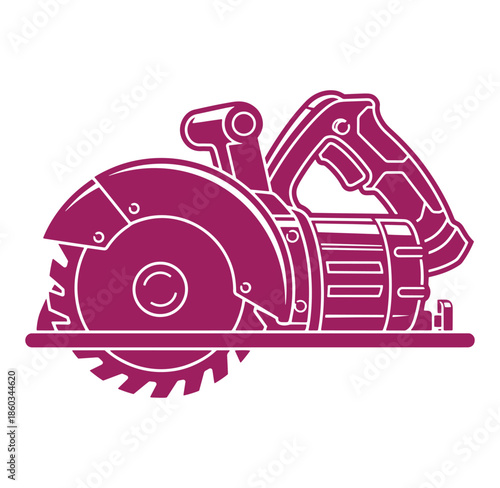 A stylized illustration of a circular saw power tool in maroon color for design elements