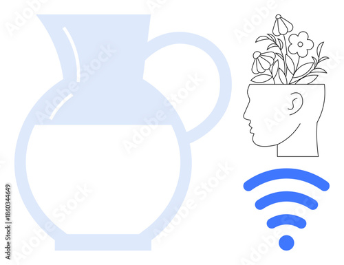 Jug shape, profile of a human head filled with flowers, and wireless symbol. Ideal for concepts thumbs up connectivity, mindfulness, digital wellbeing, creativity, ideas, communication