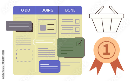 Kanban board displaying task stages To Do, Doing, and Done with colored cards, alongside a shopping basket and a first-place achievement badge. Ideal for productivity, goals, project management