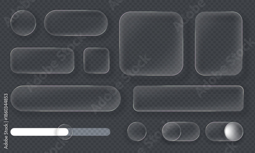 Set of liquid glass buttons and panels for UI design, featuring transparent glass morphism shapes and frosted material style