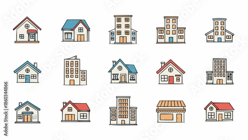 Collection of Colorful Building and House Icons for Design Projects.