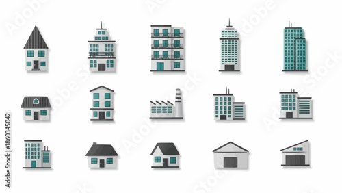 Collection of Various Building and House Icons in Vector Format.