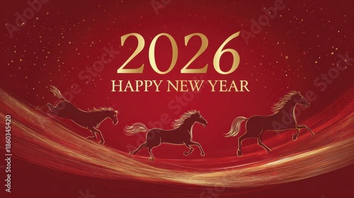 Happy New Year 2026 with galloping horses and golden confetti on red background