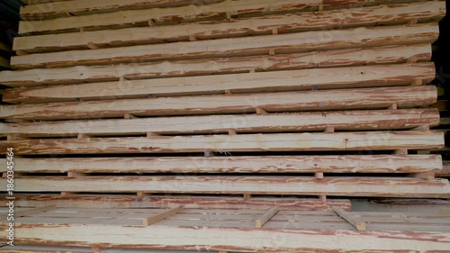 Wallpaper Mural Large stacks of processed and rough-cut lumber and logs stored in a sheltered shed, prepared for construction or woodworking Torontodigital.ca