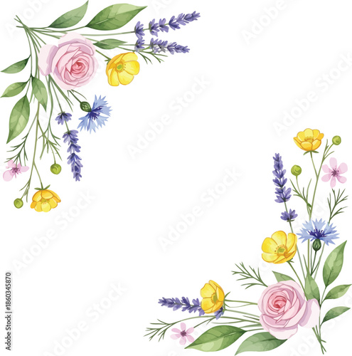 Beautiful watercolor floral corner border with pink roses yellow buttercups blue cornflowers and purple lavender on white