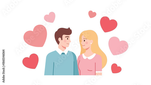 Illustration of a couple in love surrounded by hearts.