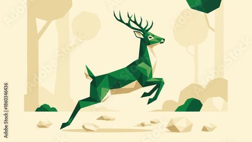 Emerald Deer Leaping Through Forest A Vibrant Wildlife Illustration.