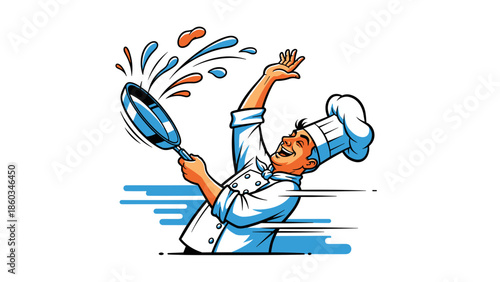 Enthusiastic Chef Tossing Food in a Pan with Flair.