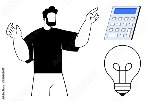 Creativity, innovation, problem-solving, financial planning, education, productivity. Black and white figure pointing to a calculator and a light bulb. Creativity and innovation illustrated