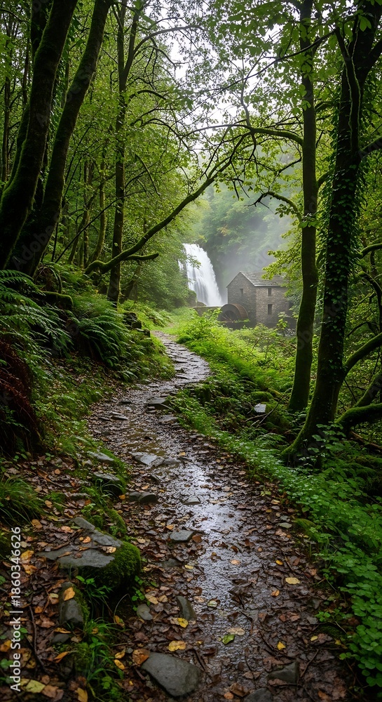 Obraz premium Forest Path Leading to Majestic Waterfall.