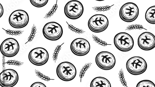 Artisan sourdough boule bread and organic wheat stalks pattern vector, vintage rustic hand drawn woodcut linocut style bakery drawing background for artisanal bread packaging
