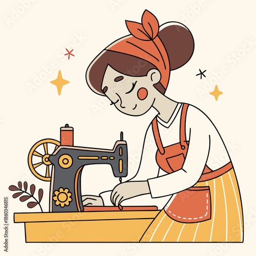 Woman sewing at a vintage machine