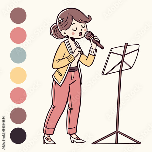 Woman singing with microphone and music stand