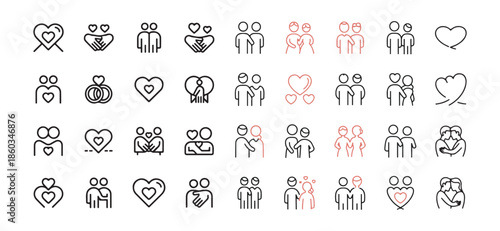 Big set of minimalist thin line icons of love and diverse couples, LGBTQ+ and heterosexual romance symbols, inclusive outline vector collection for Valentine's Day and wedding designs.