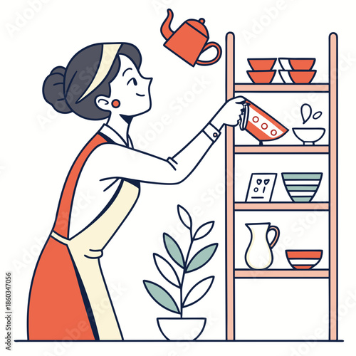 Woman tidies kitchen shelves with teapot and cups