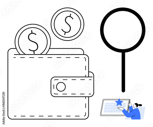 Personal finance, digital payments, e-commerce, savings, fintech, transaction tracking. Minimal design with wallet, coins magnifying glass person using a tablet. Focus on personal finance