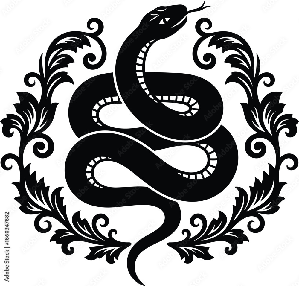 Obraz premium Ornate coiled snake silhouette with elegant floral scrollwork wreath and decorative leaf elements for creative vinyl cutting and artistic design.