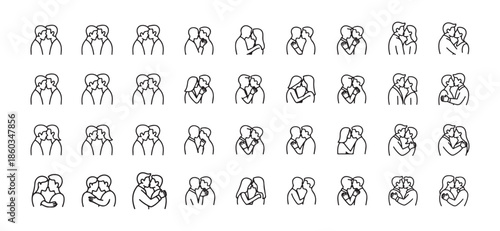 Big set of continuous line art icons of diverse couples hugging and kissing, minimalist one line drawing of romantic relationships, inclusive love and togetherness vector symbols for Valentine's Day.