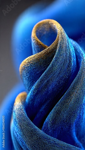 Abstract swirl of blue fabric with gold edges close up artistic render