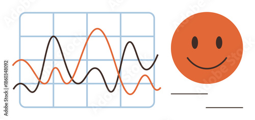 Line chart with data curves and an orange happy face. Ideal for analytics, statistics, performance tracking, progress, success, positivity, growth. Simple flat metaphor