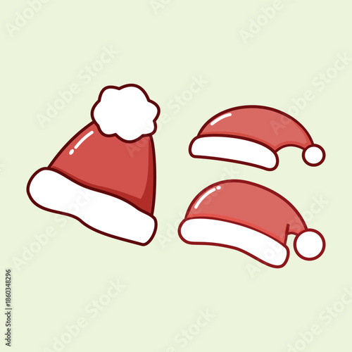 A comprehensive set of Christmas icons including Santa hats, snowman, wreath, bells, candy cane, and mittens. Perfect for holiday stickers, branding, and festive decorations.