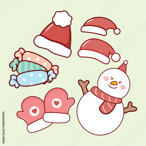 Collection of winter holiday icons including Santa hats, a cute snowman, wrapped candies, and pink heart mittens. Perfect for festive stickers and seasonal decorations.