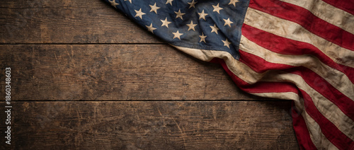Aged American flag on distressed wooden surface. 4th July 250 anniversary, Thank you Veterans Day, Memorial Day, Labour Day banner