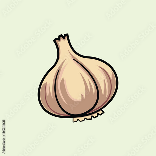 A detailed illustration of a single garlic bulb with a thick black outline on a pale green background. Clean graphic ideal for cooking, organic food, and kitchen themes.