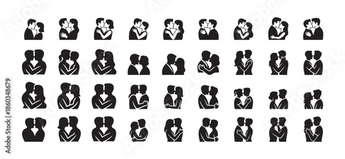 Romantic silhouette icons of diverse couples in love, LGBTQ+ and heterosexual relationship symbols with red hearts, inclusive minimalist vector set for Valentine's Day and wedding.