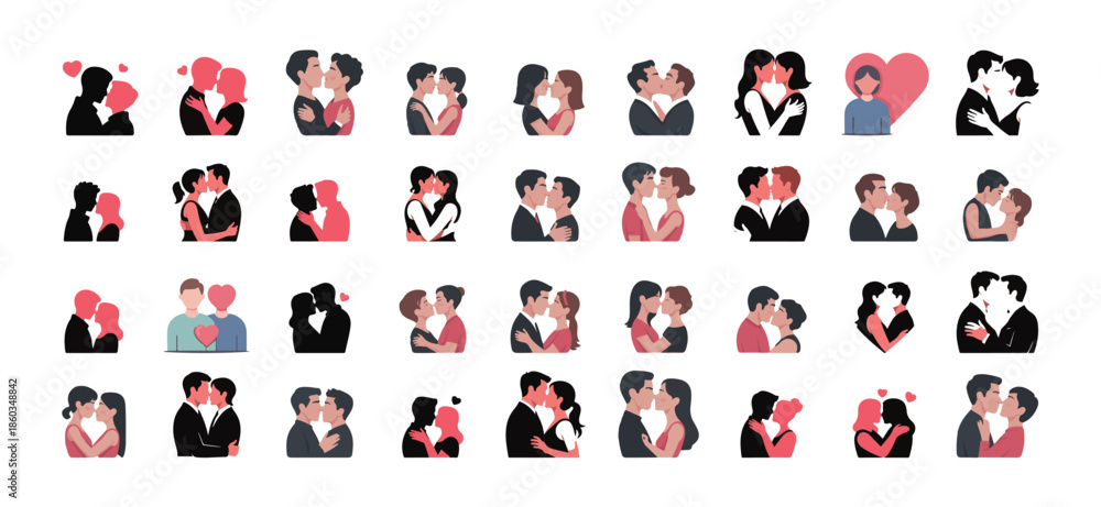 Naklejka premium Vector silhouette set of diverse couples kissing and hugging, LGBTQ+ and heterosexual romantic relationship icons, minimalist inclusive love collection for Valentine's Day.