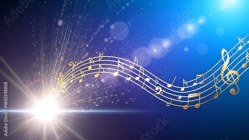 Golden musical notes flowing across a vibrant blue background with a brilliant shining light burst suggesting an auditory celebration or grand concert event
