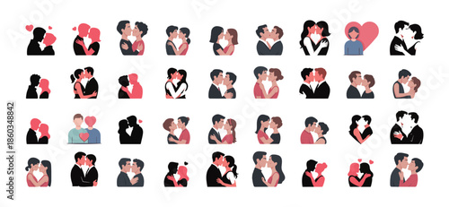 Vector silhouette set of diverse couples kissing and hugging, LGBTQ+ and heterosexual romantic relationship icons, minimalist inclusive love collection for Valentine's Day.