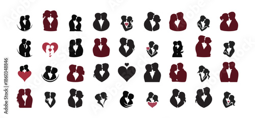Romantic silhouette icons of diverse couples in love, LGBTQ+ and heterosexual relationship symbols with red hearts, inclusive minimalist vector set for Valentine's Day and wedding.