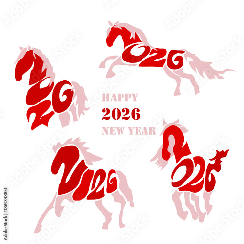 Holiday card Happy New Year 2026. Stylized image of a fire horse according to the Eastern Chinese calendar. Astrological New Year.
