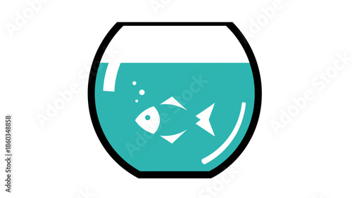 Fishbowl Icon with Fish Silhouette and Bubbles in Teal Water.