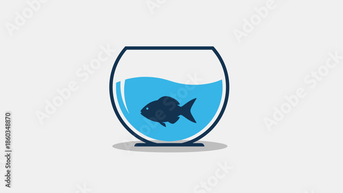 Fishbowl with a Single Fish Swimming in Blue Water.