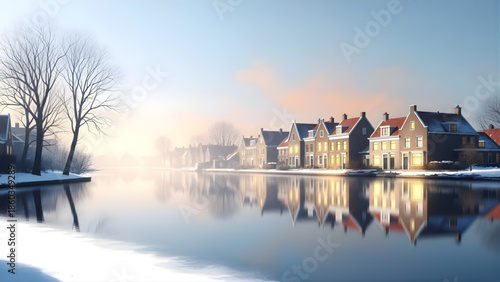 Dutch Canal Houses in Winter Sunlight with Reflections