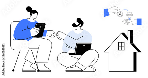 Real estate, financial planning, remote work, homeownership, investment, digital economy. Two individuals discuss finances on devices with a house symbol and transaction graphic. Real estate