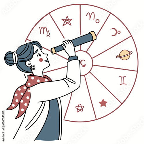 Woman with Telescope Gazing at Zodiac Wheel