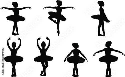 Ballet dancer silhouette set, classical dance poses, graceful female ballerina movements, performance art concept, black isolated vector illustration, white background