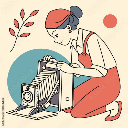 Woman with vintage camera in retro style illustration