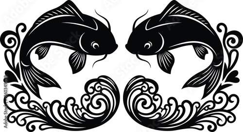 Decorative black and white graphic of two fish jumping from swirling water waves with elegant floral scrollwork ornaments.