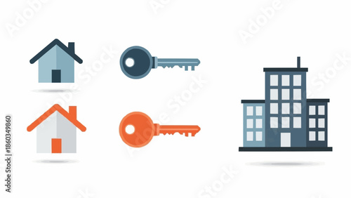 Real Estate and Property Icons - Homes, Keys, and Buildings.